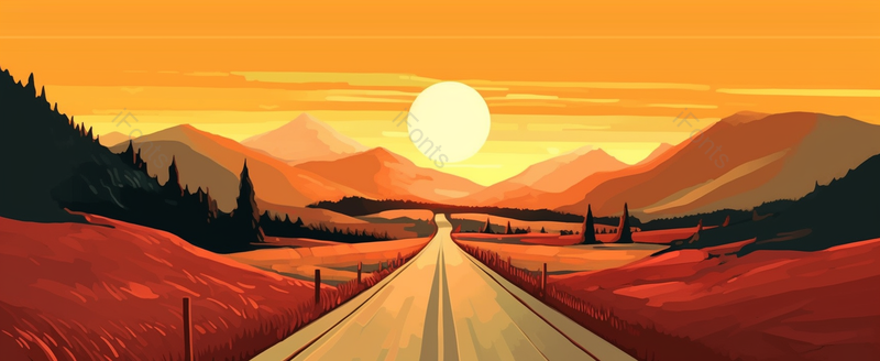 横版金色稻田夕阳大道手绘插画,插画/手绘图,插画/手绘图库,插画/手绘图下载,插画/手绘